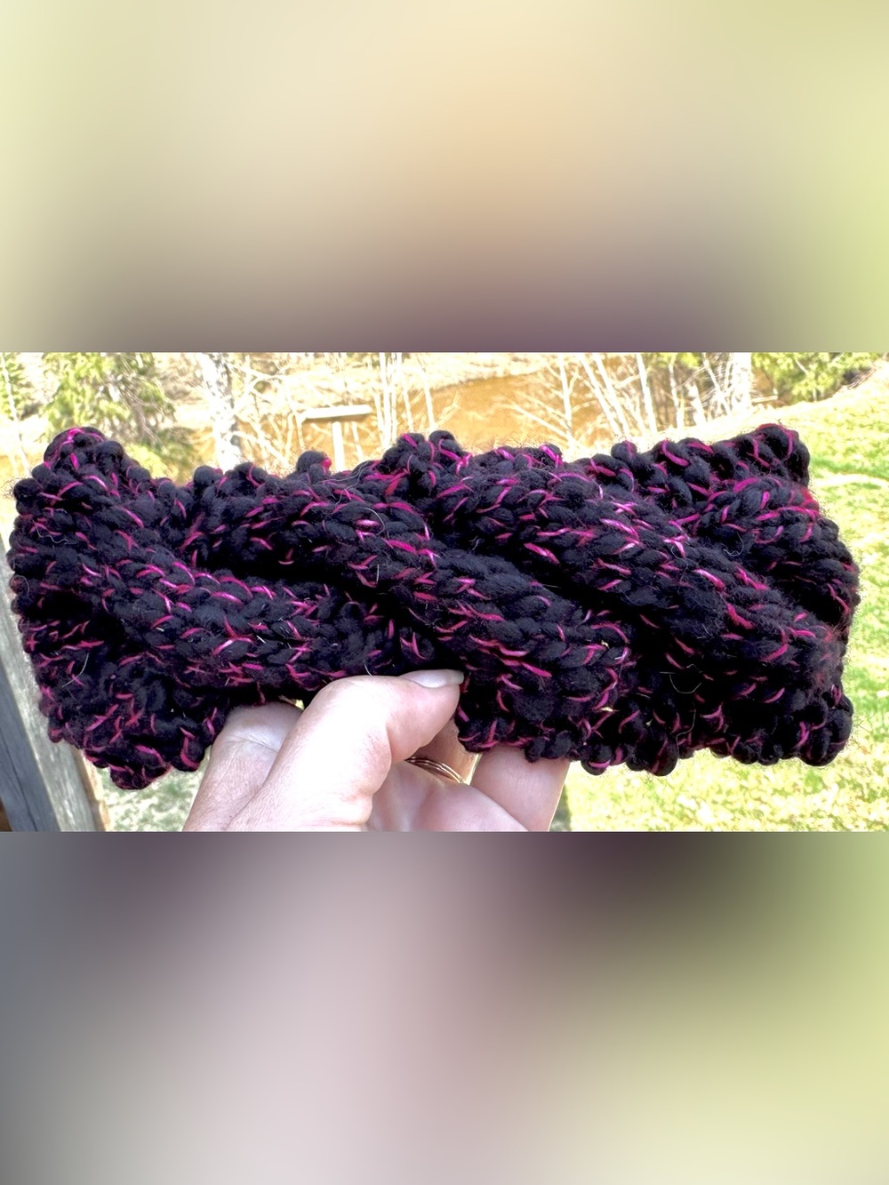 Chunky Black & Pink Knit Headband - Cozy Braided Winter Earwarmer